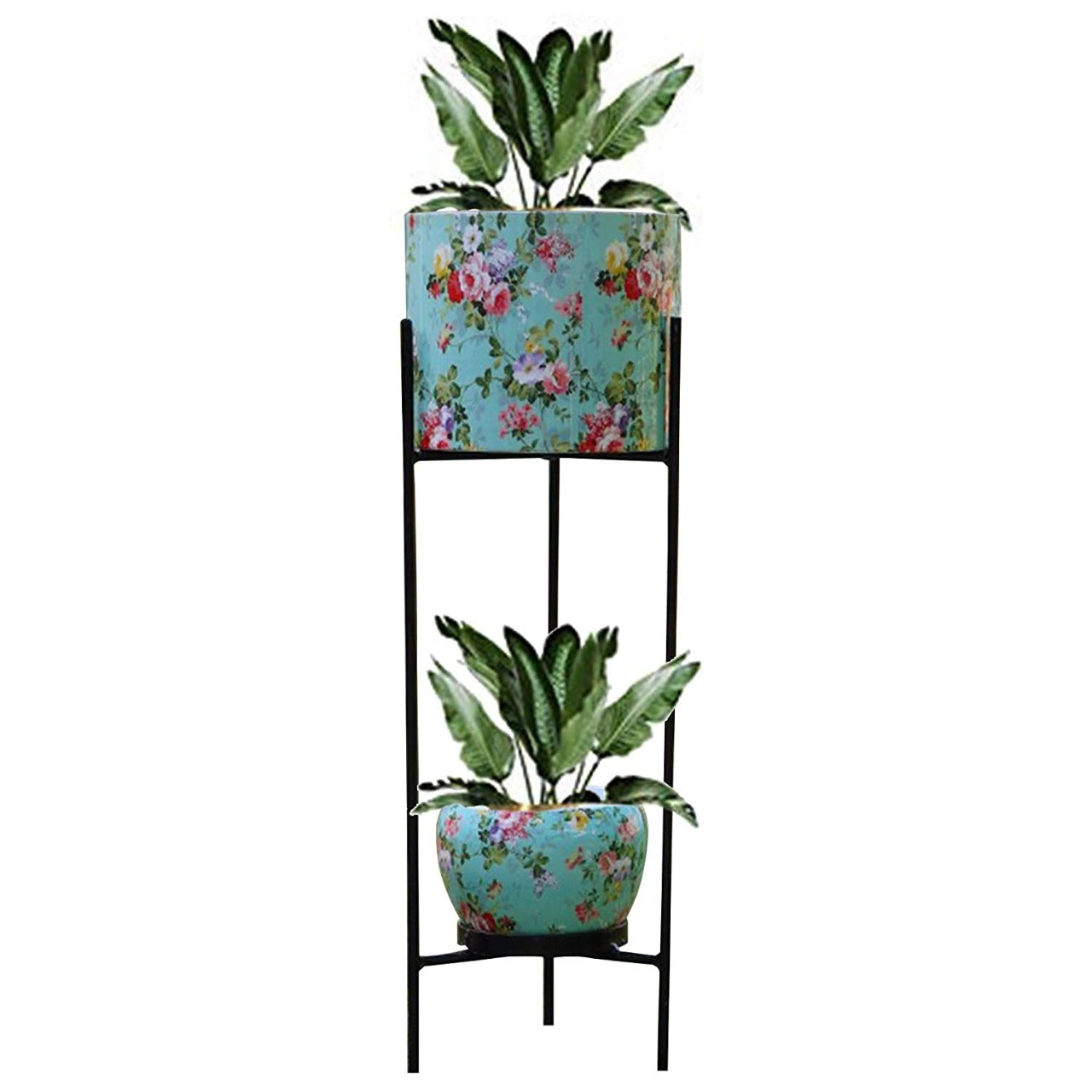 Metal European Style 2 Tier Metal Black Stand Green Flowers Pot Stand