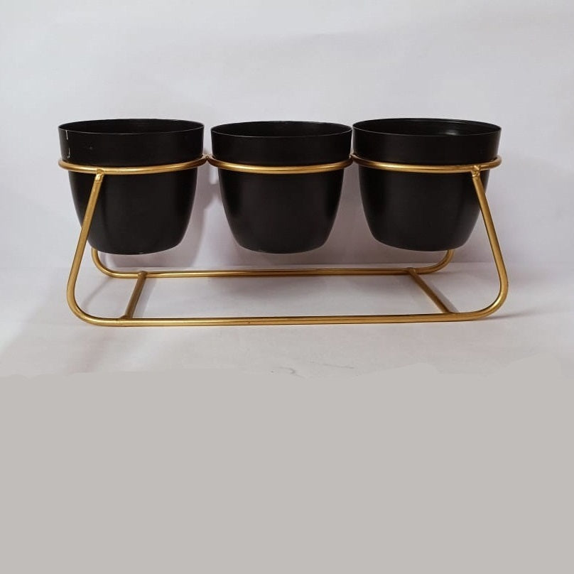 Metal 3 Pot Table top Planter with Golden Stand | White Collar Pots
