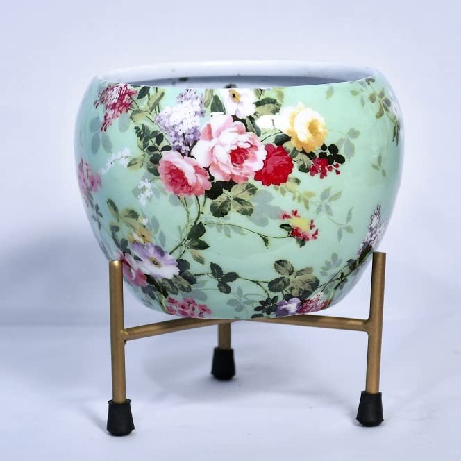 Iron Flower Pot with Printed Flower Pot  Ocean Green- Buy1 Get1 Offer