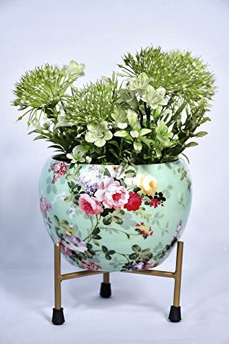 Iron Flower Pot with Printed Flower Pot  Ocean Green- Buy1 Get1 Offer