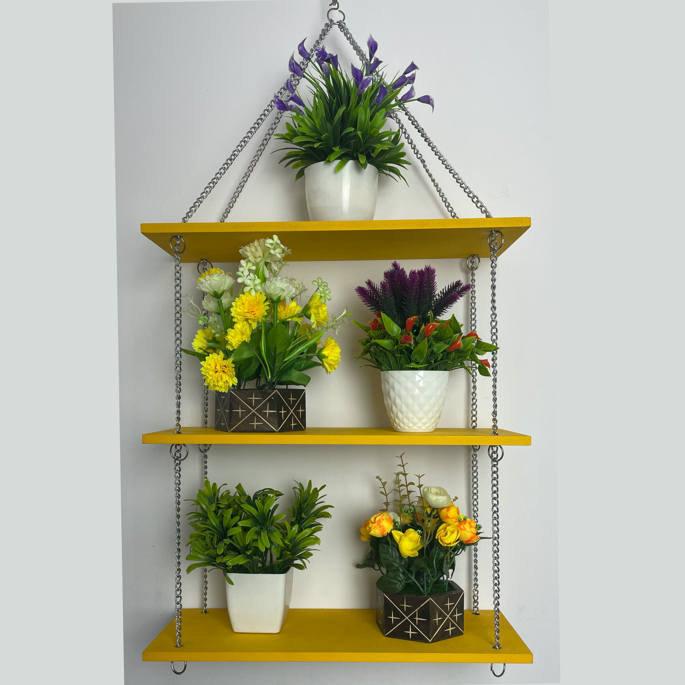 Wooden Rectangular Wall Hanging Planter Stand with Stainless Steel Chains - Yellow / Red