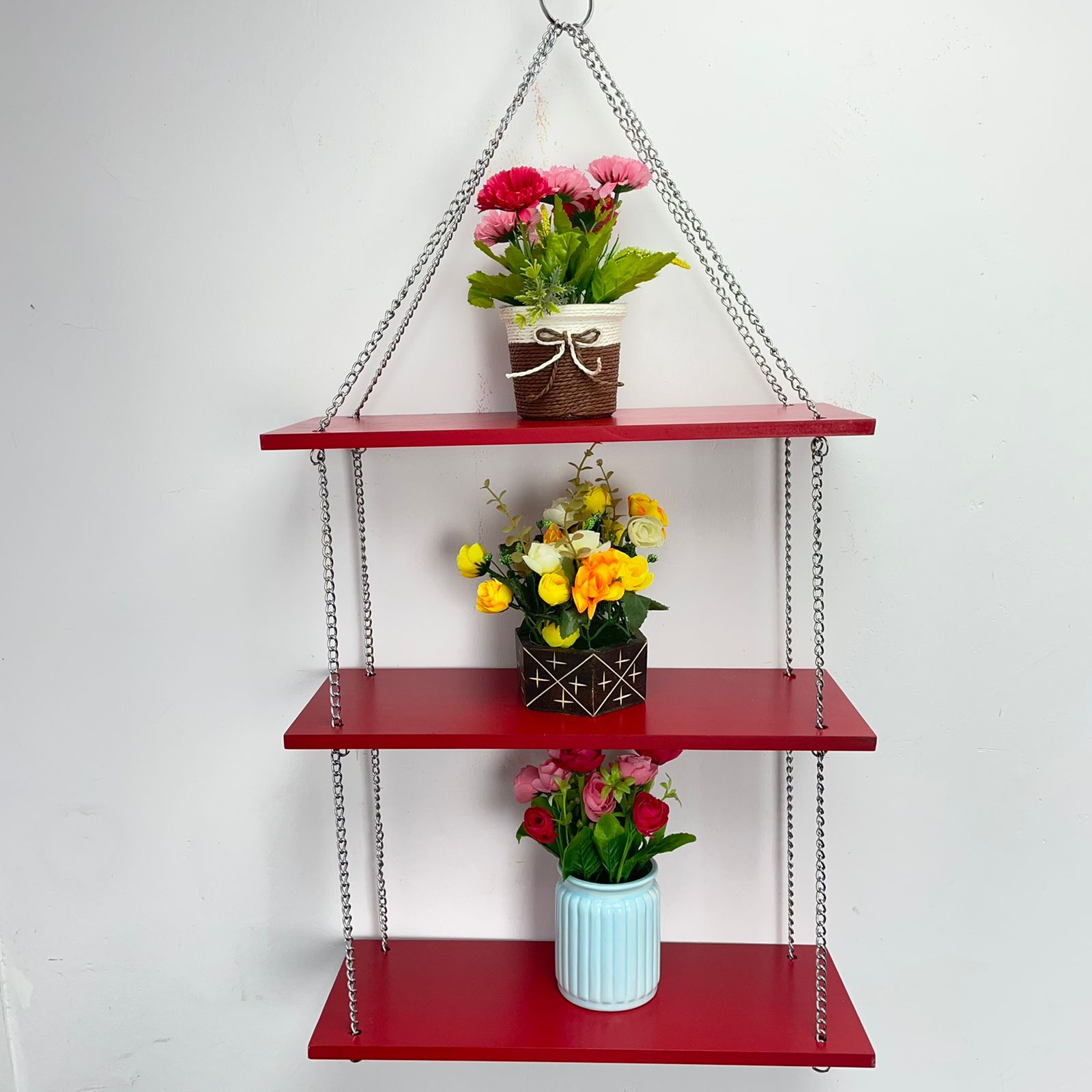 Wooden Rectangular Wall Hanging Planter Stand with Stainless Steel Chains - Yellow / Red